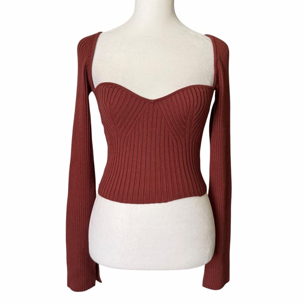 NWT Urban Outfitters Womens Small Blouse Ribbed Long Sleeve Sweetheart Viscose